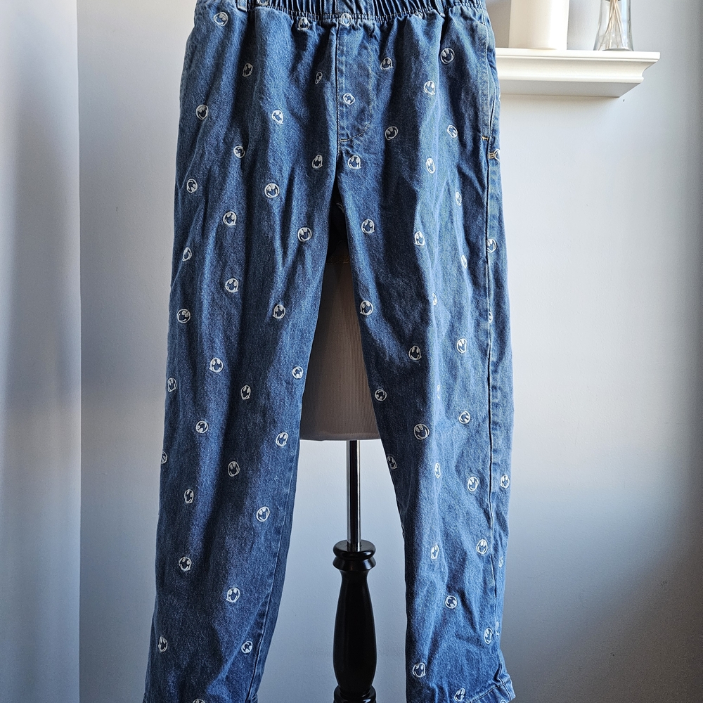Denim Pants with Elastic Waistband and Smiley Face Detail